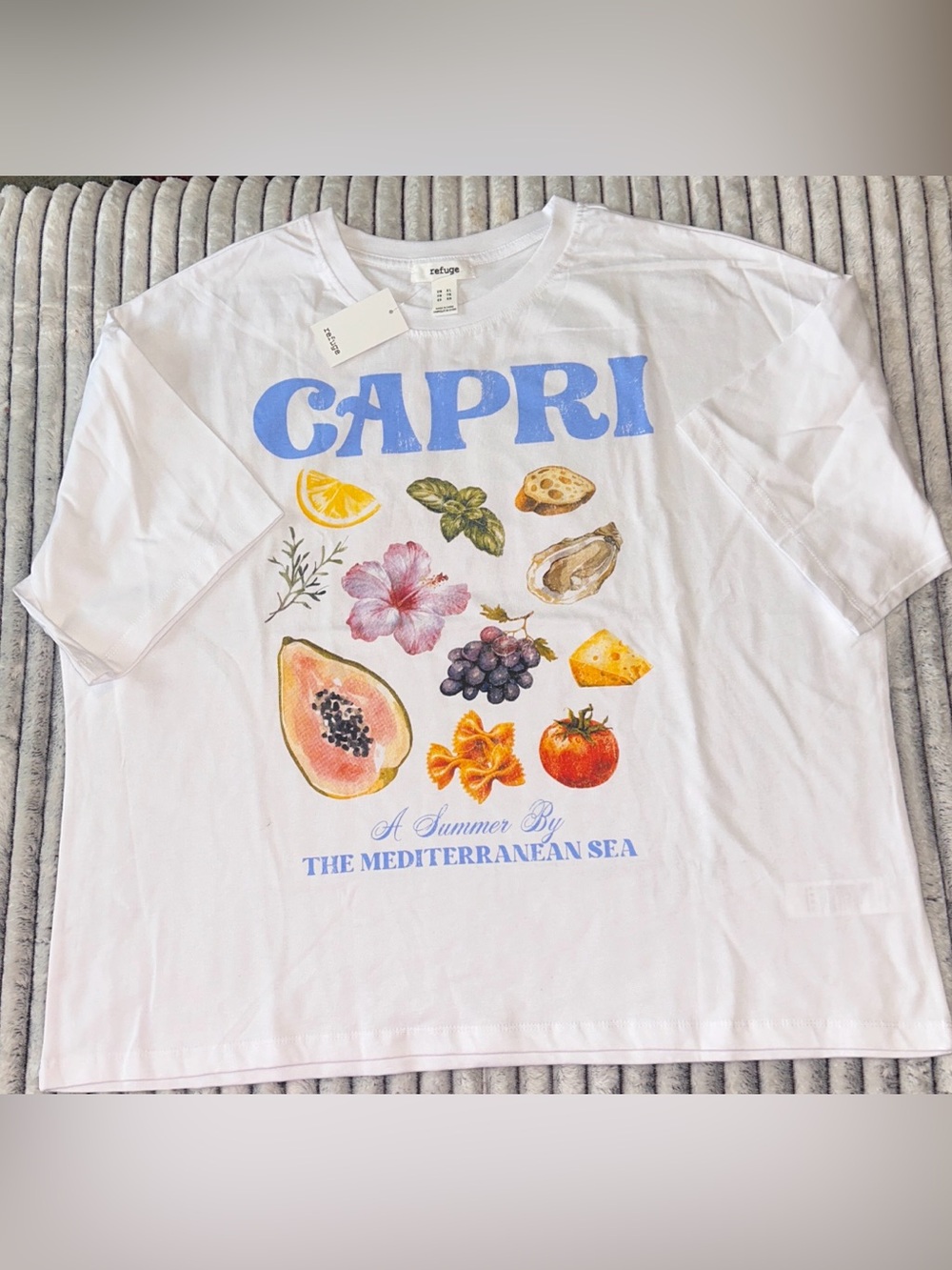 refuge White Short-Sleeve 'CAPRI' Graphic Tee with Multicolor Fruit Art
